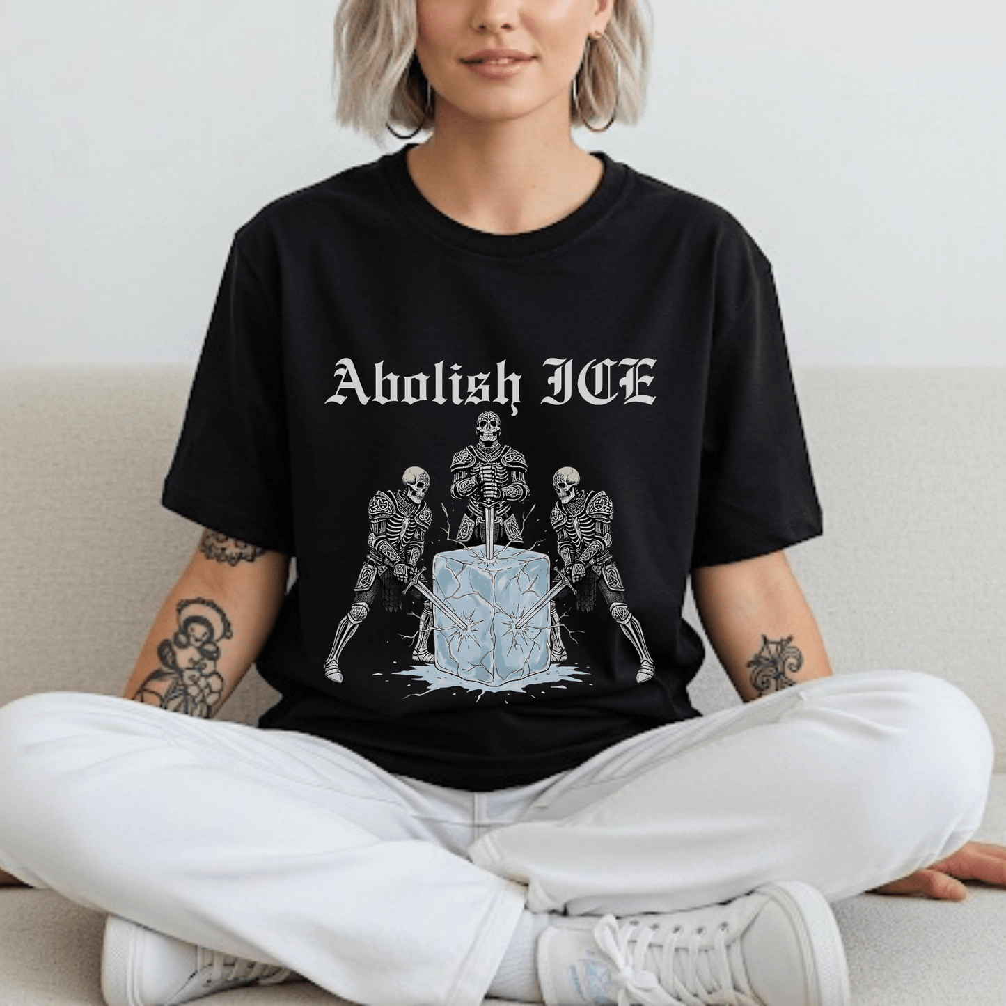 Abolish ICE Skeleton Knight Adult Graphic Tee - Starry Skies Austin