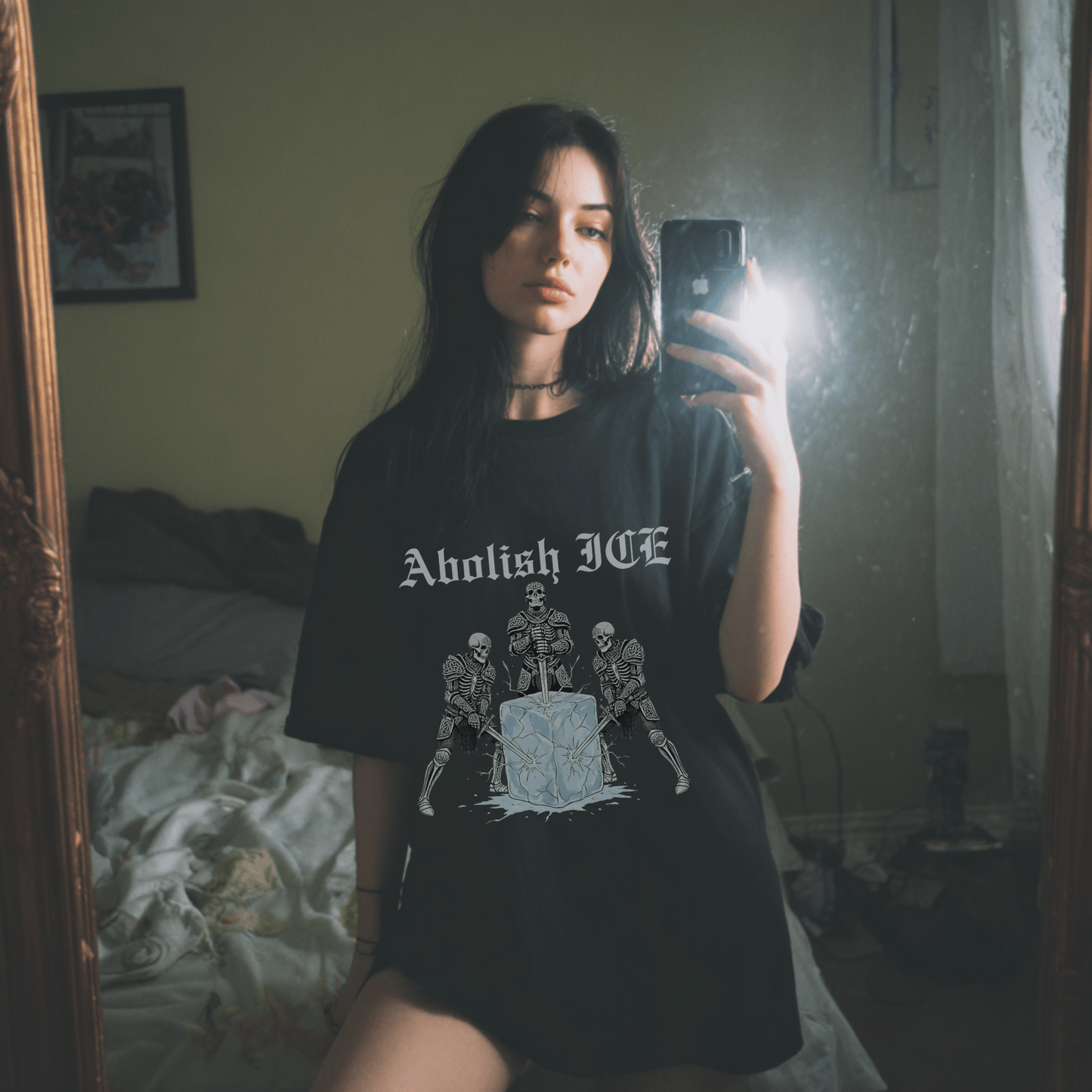 Abolish ICE Skeleton Knight Adult Graphic Tee - Starry Skies Austin