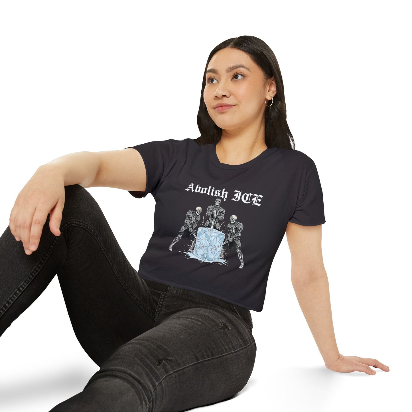Abolish ICE Skeleton Knight Crop Graphic Tee - Starry Skies Austin