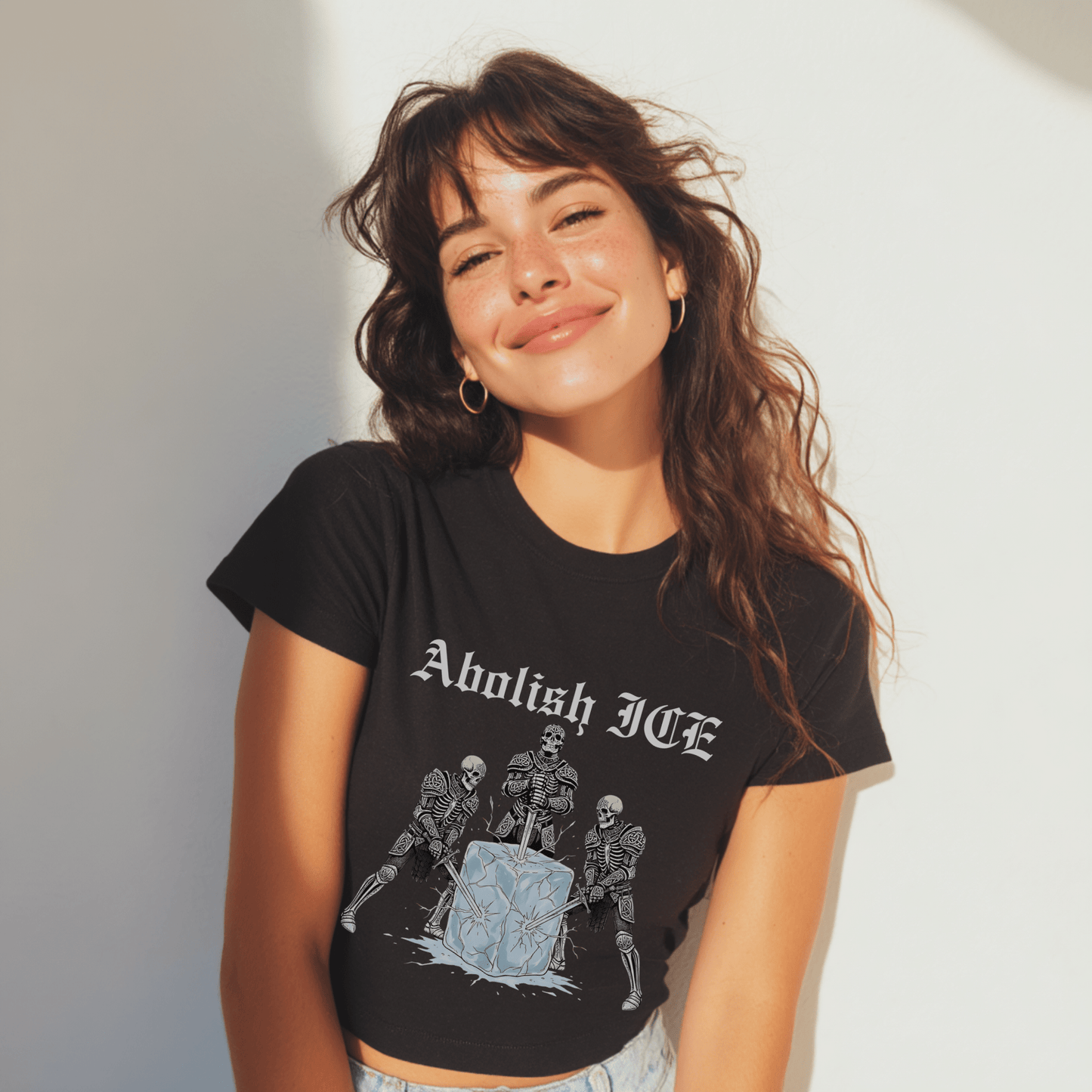 Abolish ICE Skeleton Knight Crop Graphic Tee - Starry Skies Austin