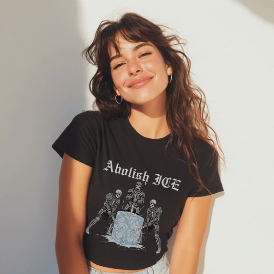 Abolish ICE Skeleton Knight Crop Graphic Tee - Starry Skies Austin