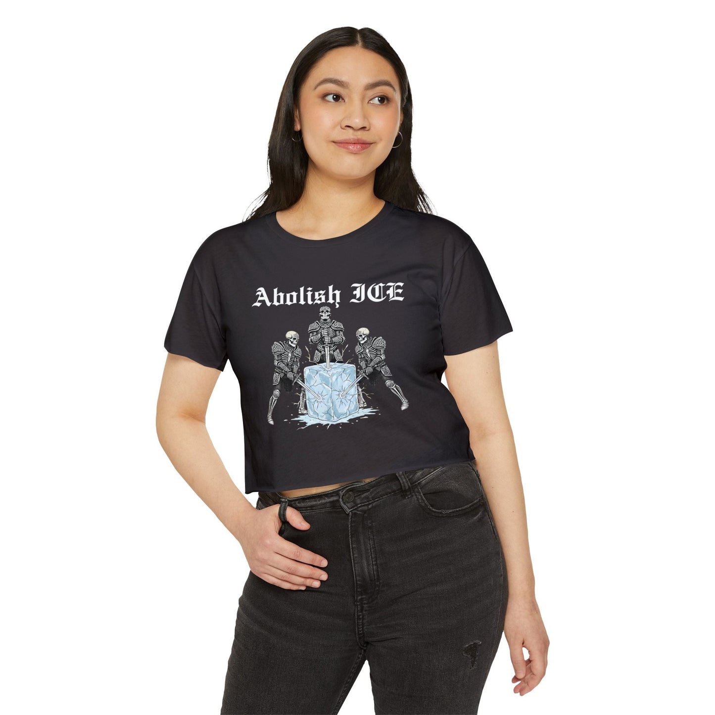 Abolish ICE Skeleton Knight Crop Graphic Tee - Starry Skies Austin