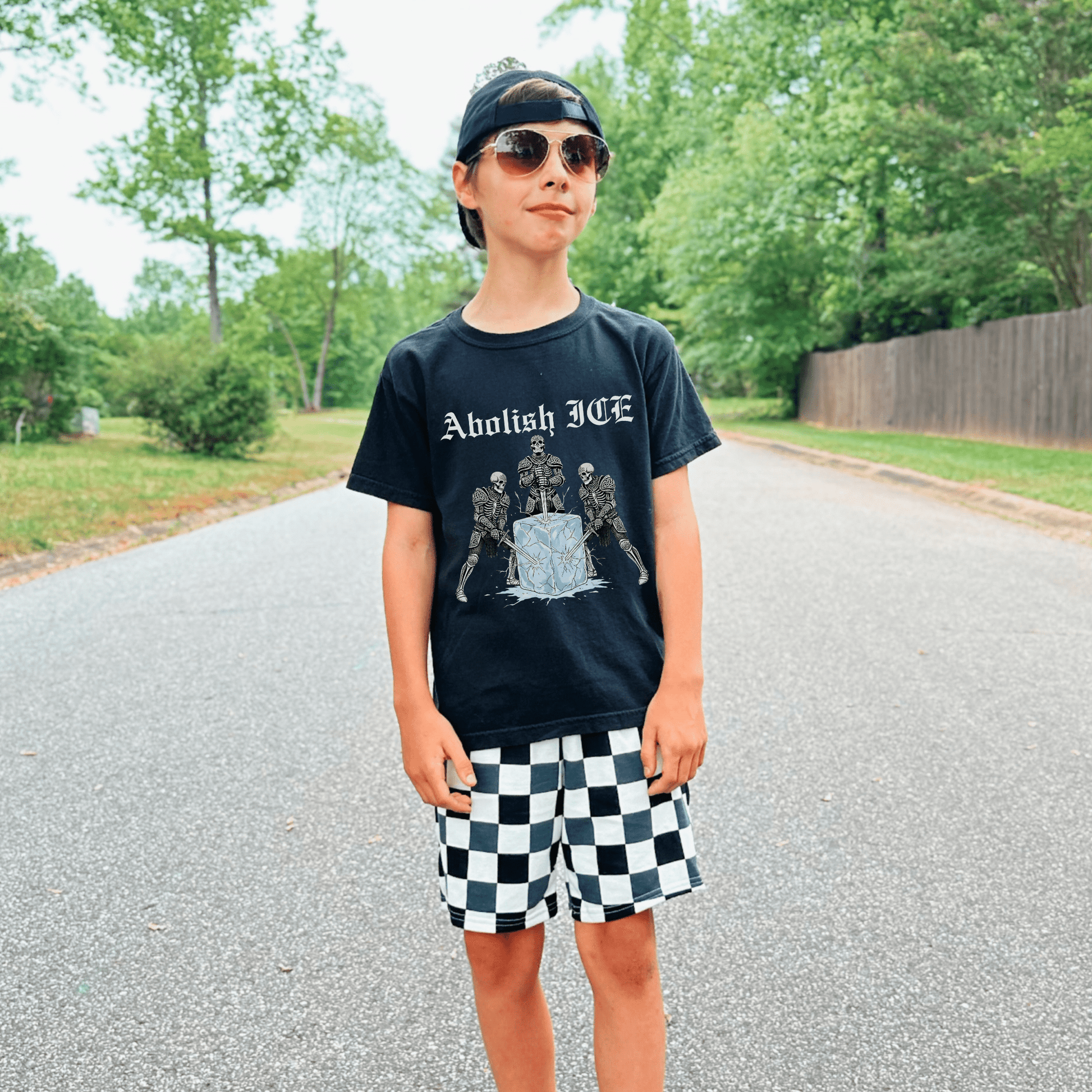 Abolish ICE Skeleton Knight Kids Graphic Tee (Adult Baby Tee) - Starry Skies Austin