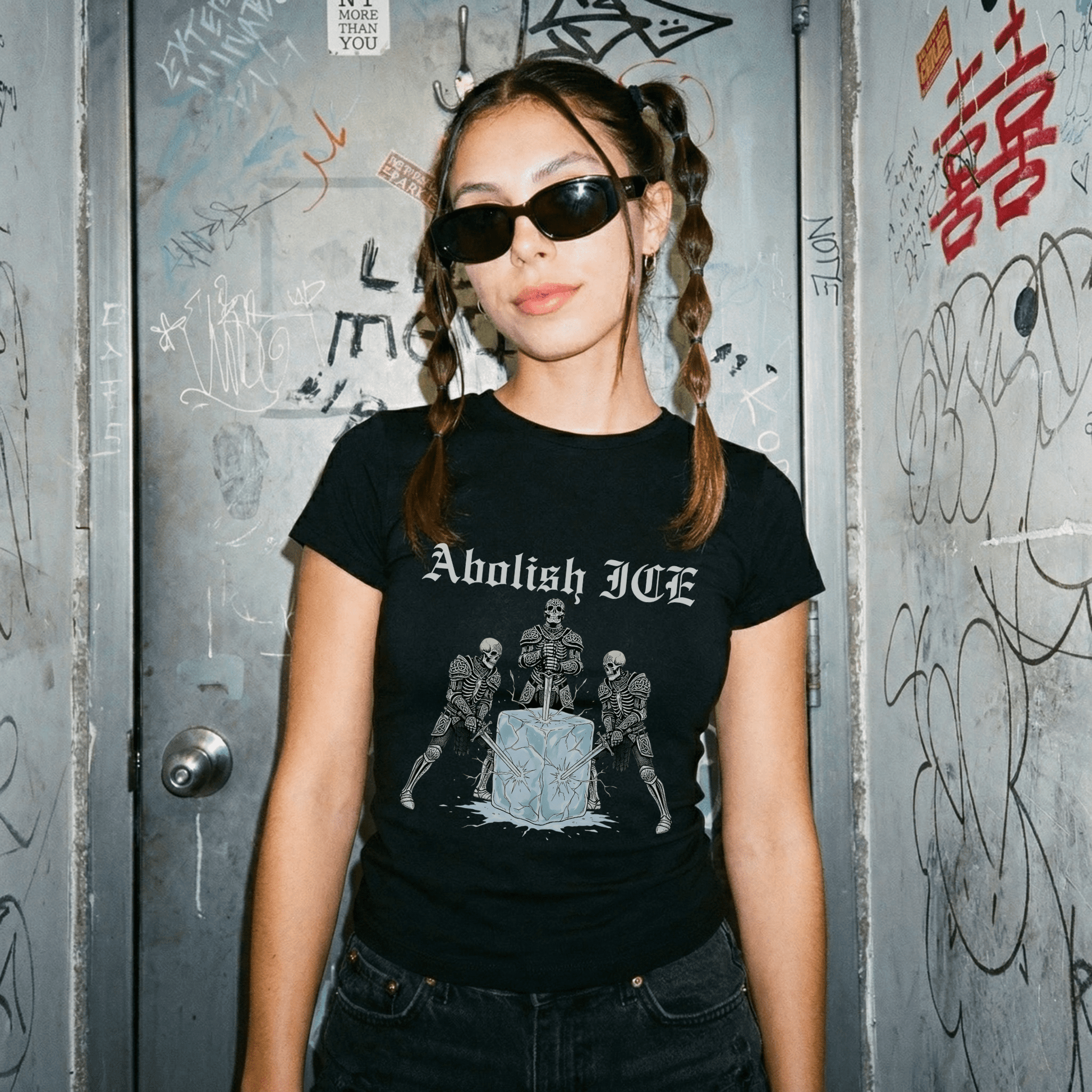 Abolish ICE Skeleton Knight Kids Graphic Tee (Adult Baby Tee) - Starry Skies Austin