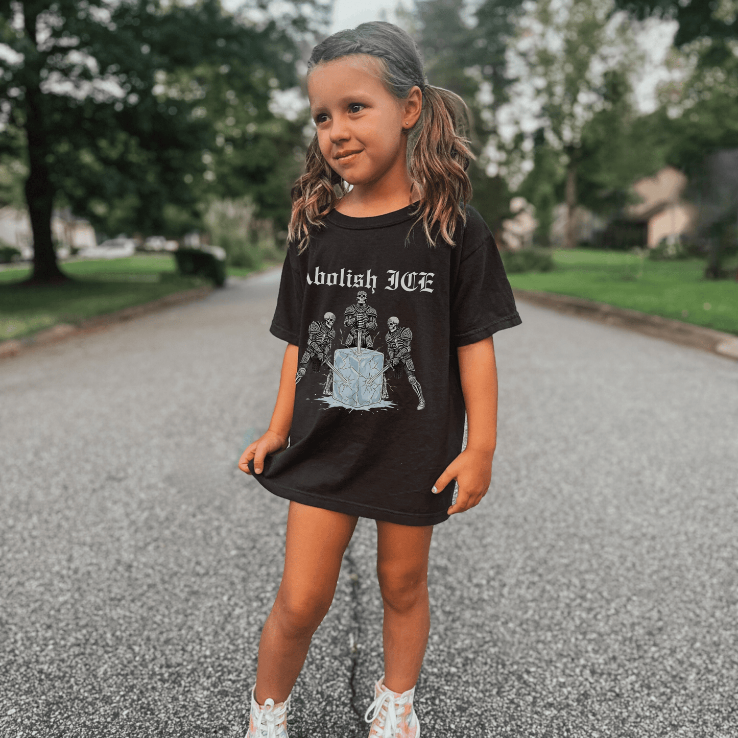 Abolish ICE Skeleton Knight Kids Graphic Tee (Adult Baby Tee) - Starry Skies Austin