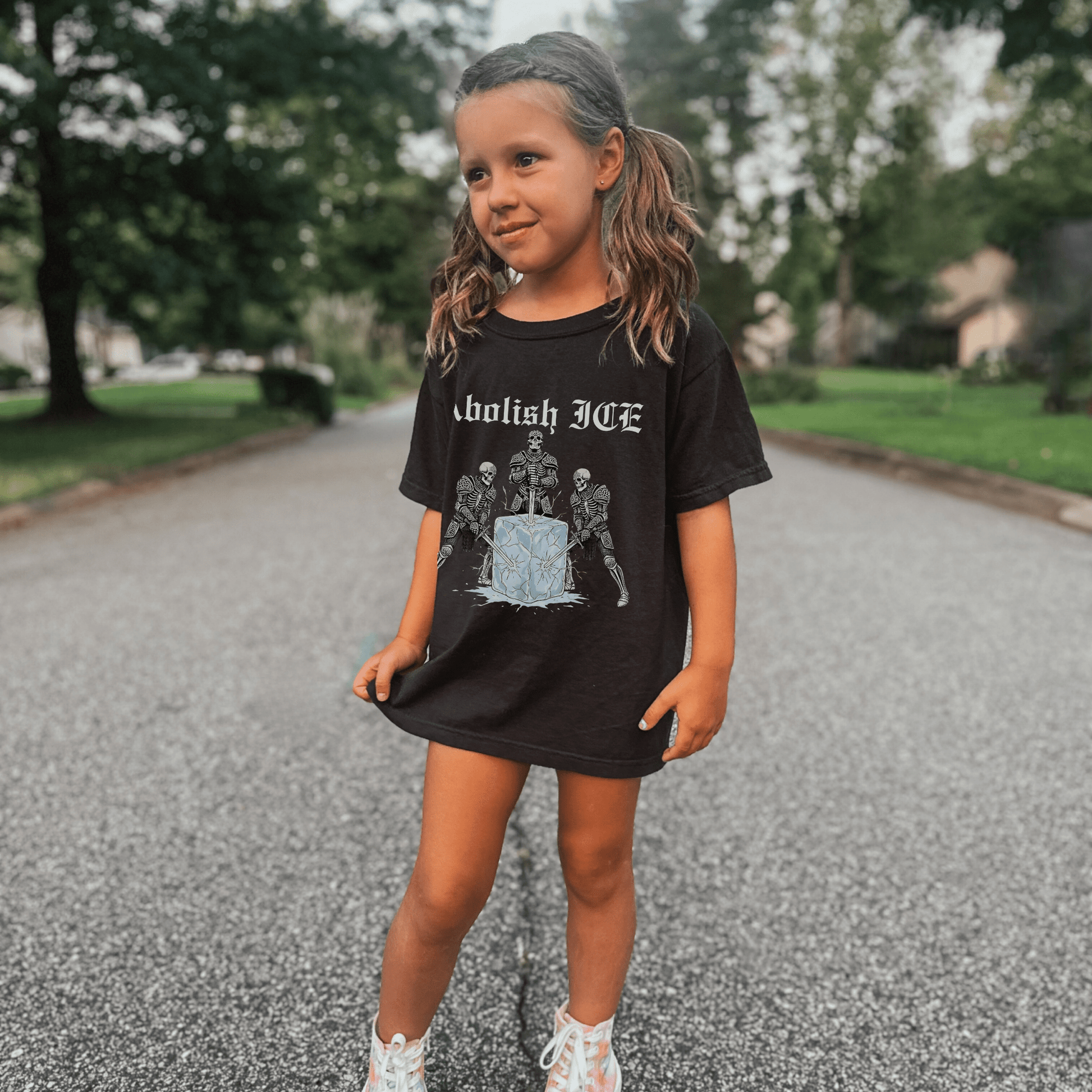 Abolish ICE Skeleton Knight Kids Graphic Tee (Adult Baby Tee) - Starry Skies Austin