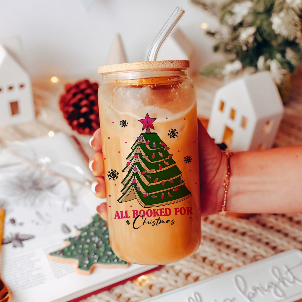 All Booked for Christmas Clear Glass Cup with Bamboo Lid & Straw - Starry Skies Austin