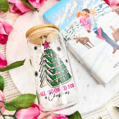 All Booked for Christmas Clear Glass Cup with Bamboo Lid & Straw - Starry Skies Austin