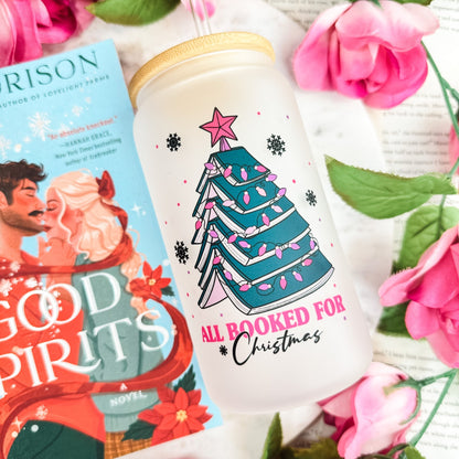 All Booked for Christmas Frosted Glass Cup with Bamboo Lid & Straw - Starry Skies Austin