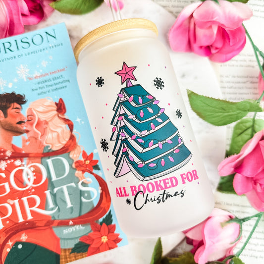 All Booked for Christmas Frosted Glass Cup with Bamboo Lid & Straw - Starry Skies Austin