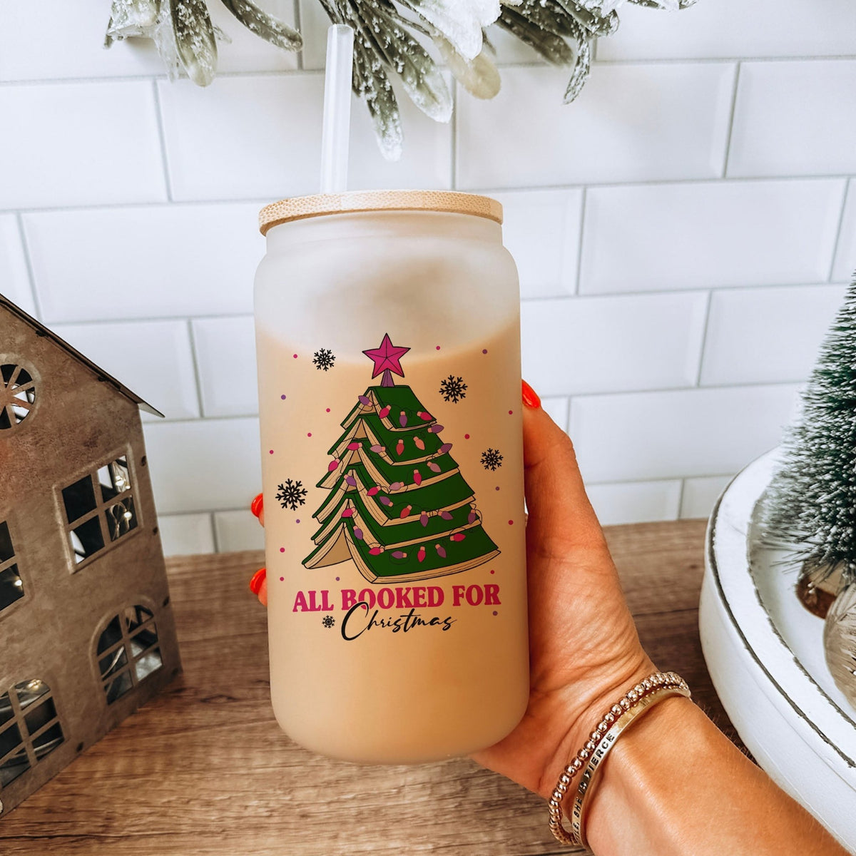 All Booked for Christmas Frosted Glass Cup with Bamboo Lid & Straw - Starry Skies Austin