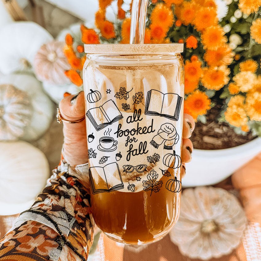 All Booked for Fall Clear Glass Cup with Bamboo Lid & Straw - Starry Skies Austin