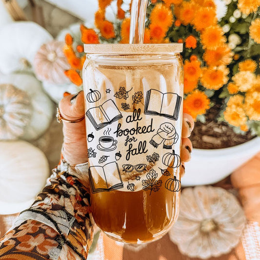 All Booked for Fall Clear Glass Cup with Bamboo Lid & Straw - Starry Skies Austin