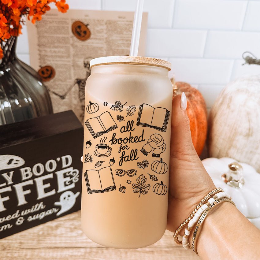 All Booked for Fall Frosted Glass Cup with Bamboo Lid & Straw - Starry Skies Austin