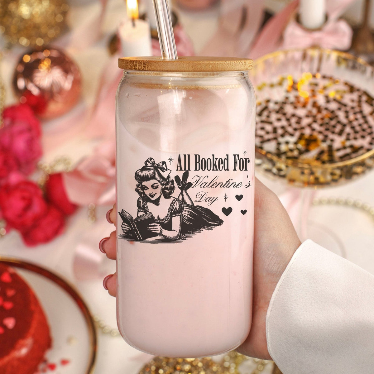 All Booked For Valentine’s Day Clear Glass Cup with Bamboo Lid & Straw - Starry Skies Austin
