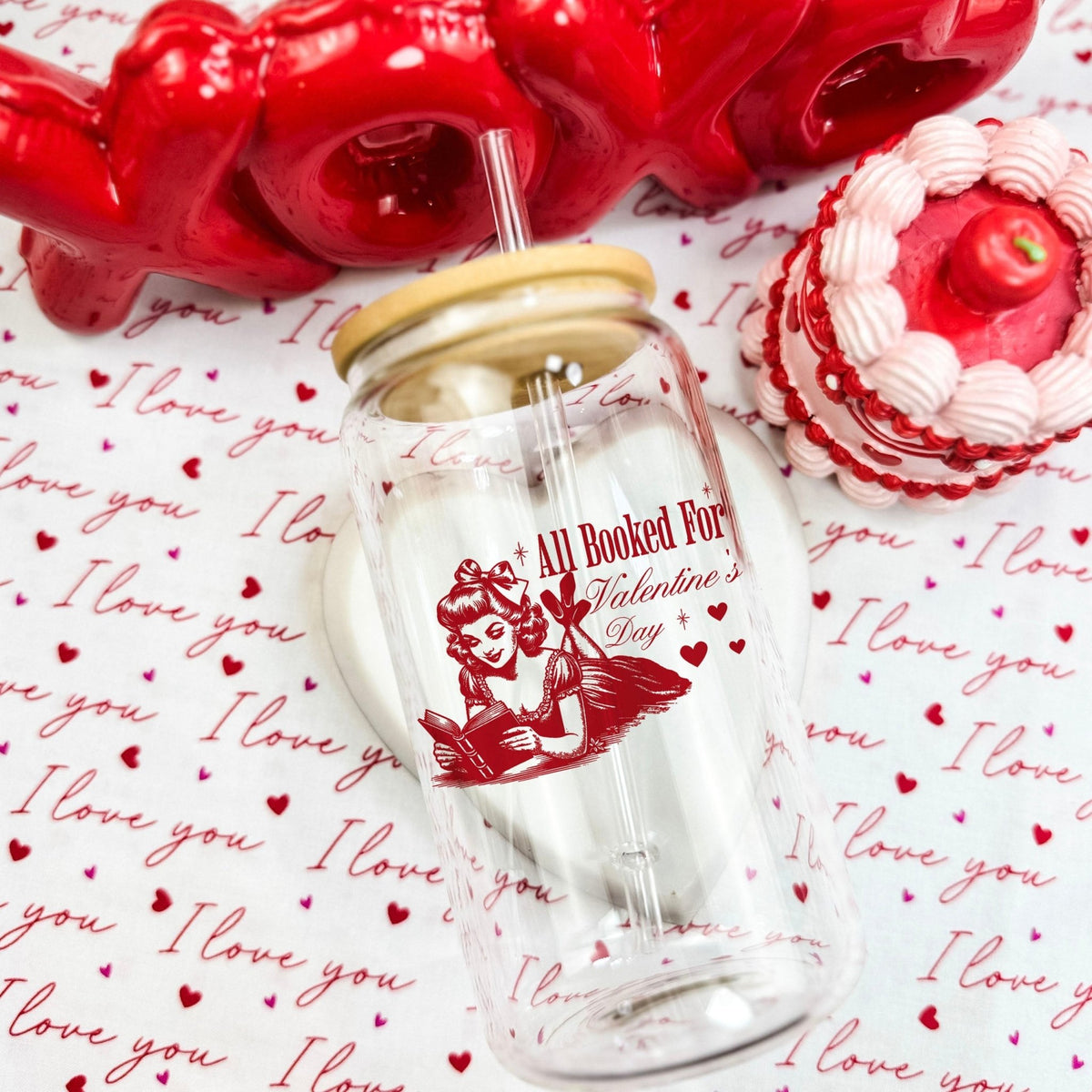 All Booked For Valentine’s Day Clear Glass Cup with Bamboo Lid & Straw - Starry Skies Austin