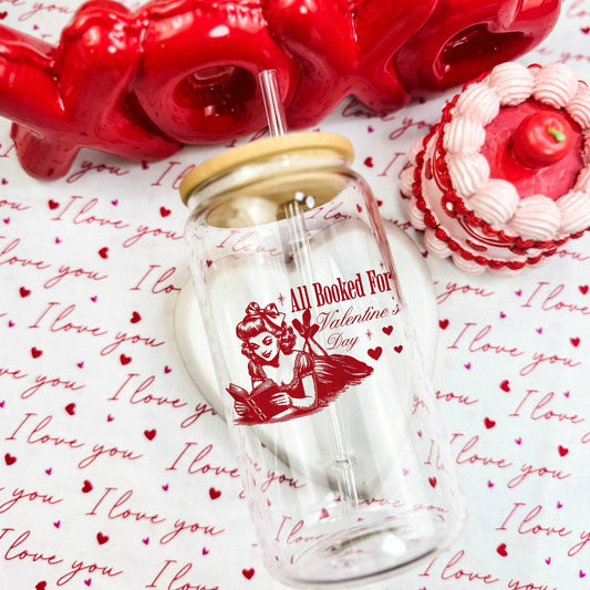 All Booked For Valentine’s Day Clear Glass Cup with Bamboo Lid & Straw - Starry Skies Austin