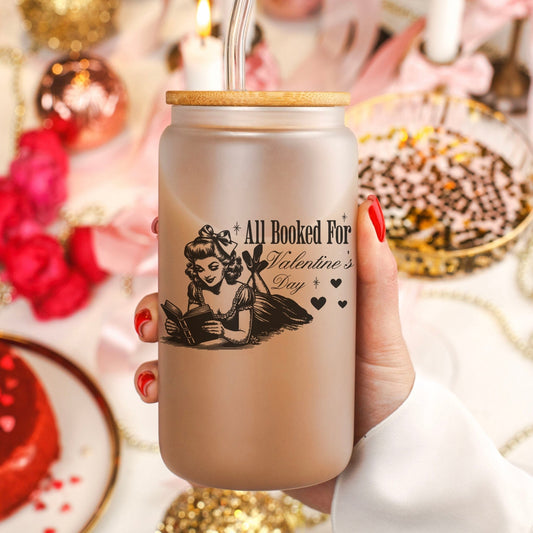 All Booked For Valentine’s Day Frosted Glass Cup with Bamboo Lid & Straw - Starry Skies Austin