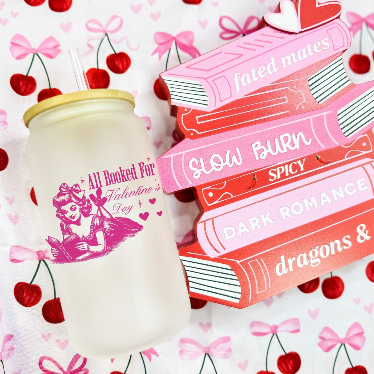 All Booked For Valentine’s Day Frosted Glass Cup with Bamboo Lid & Straw - Starry Skies Austin