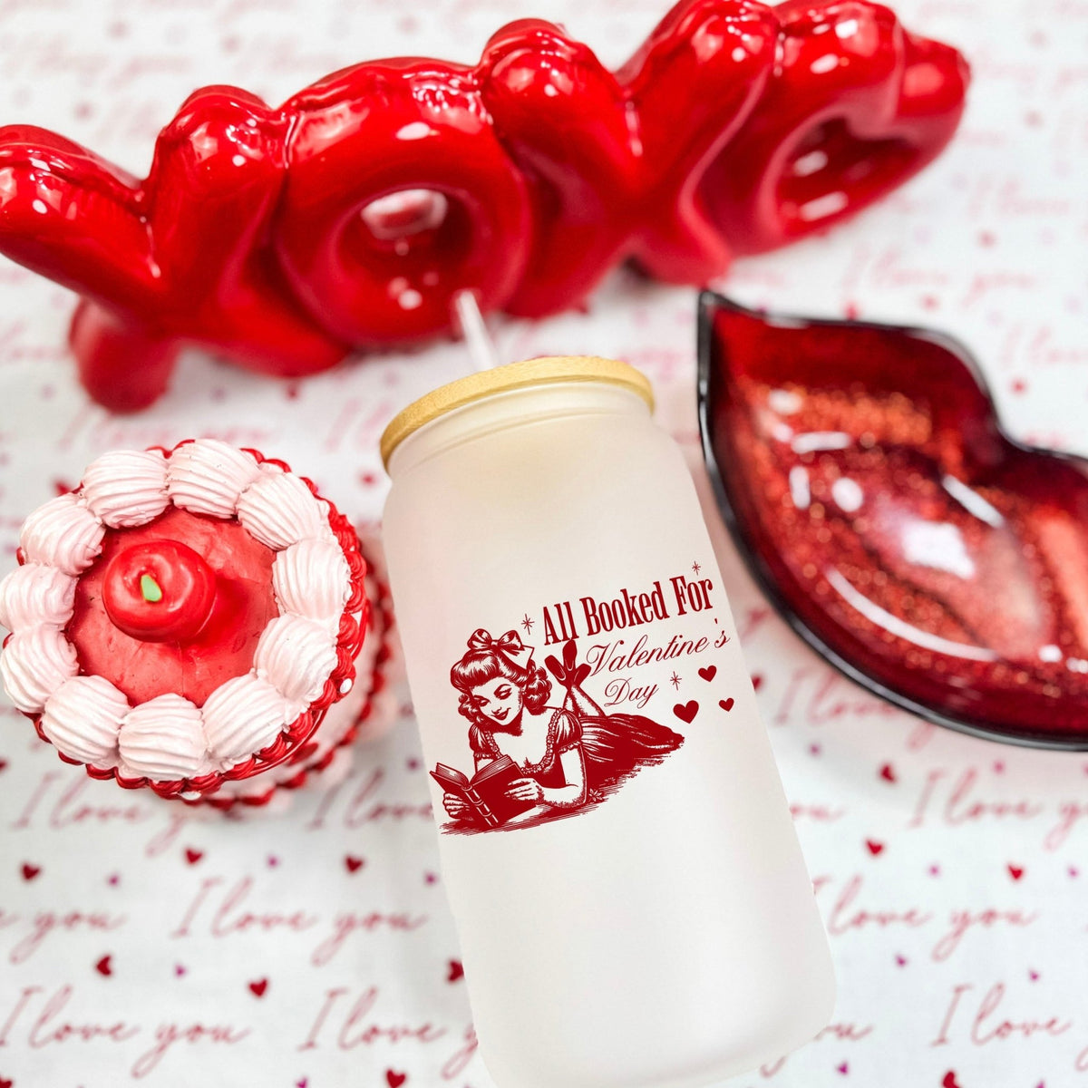 All Booked For Valentine’s Day Frosted Glass Cup with Bamboo Lid & Straw - Starry Skies Austin
