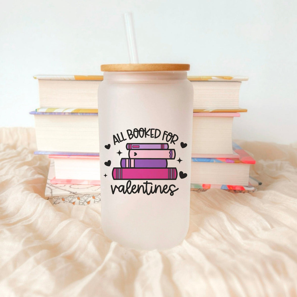 All Booked for Valentines Frosted Glass Cup with Bamboo Lid & Straw - Starry Skies Austin