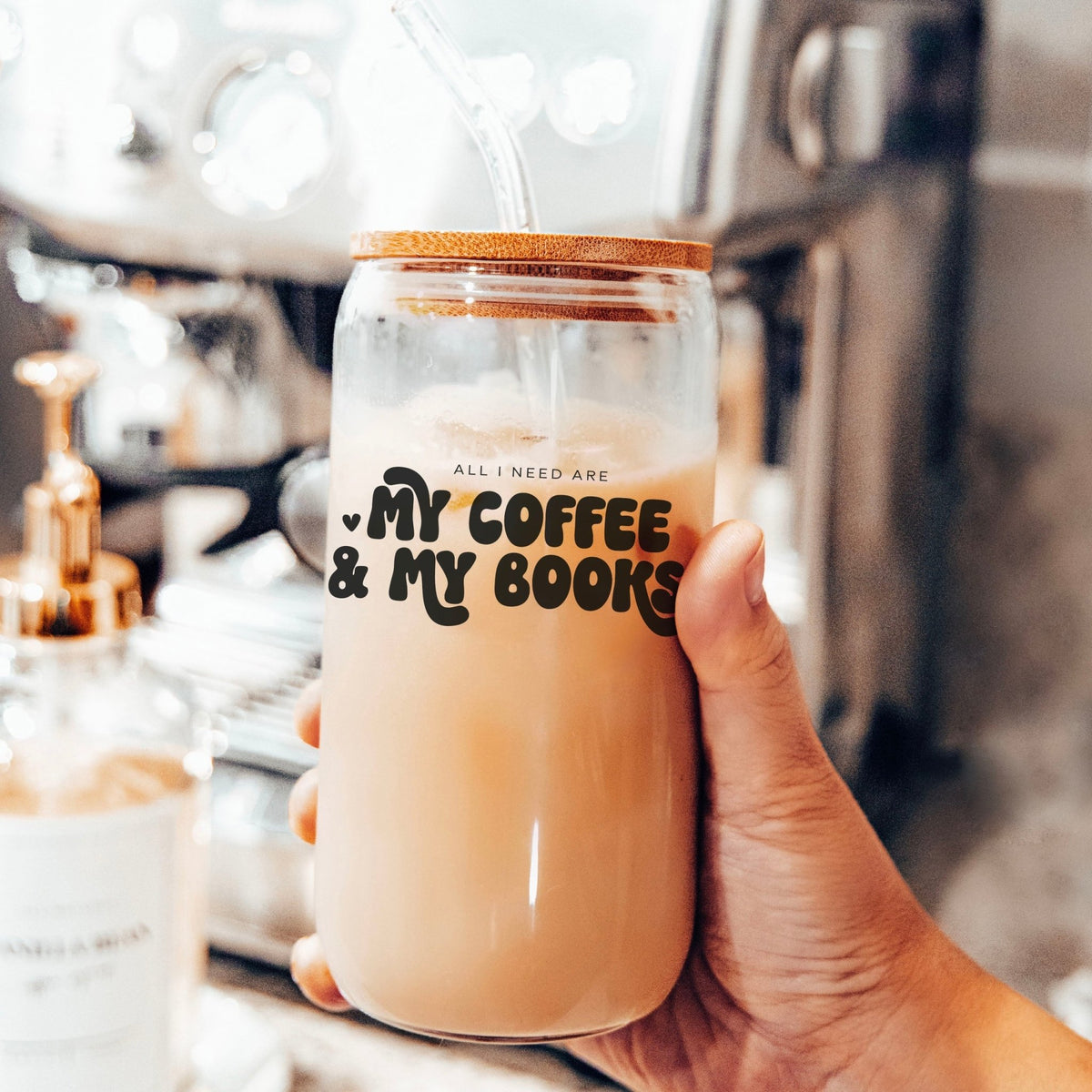 All I Need Are My Coffee & My Books Clear Glass Cup with Bamboo Lid & Straw - Starry Skies Austin