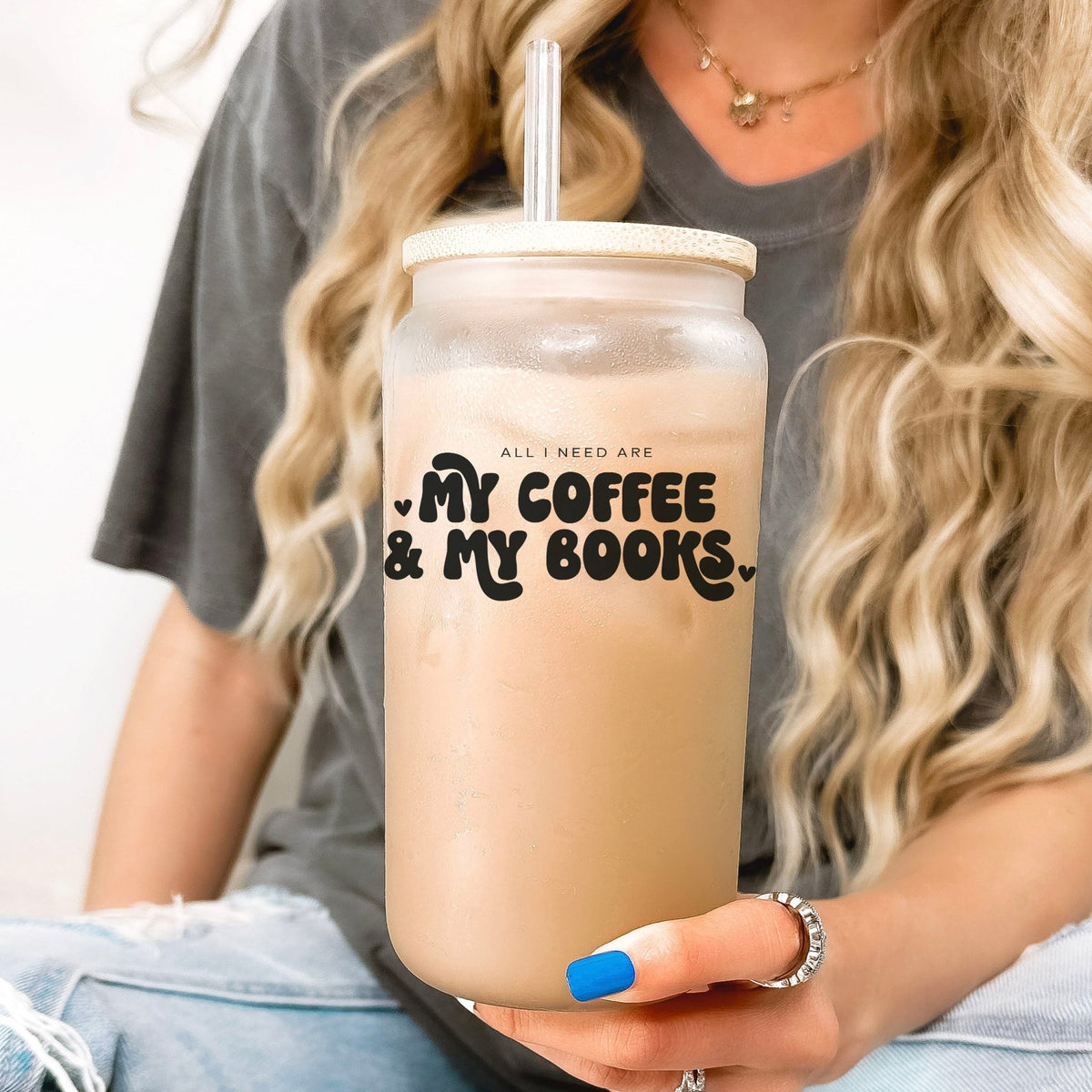 All I Need Are My Coffee & My Books Frosted Glass Cup with Bamboo Lid & Straw - Starry Skies Austin