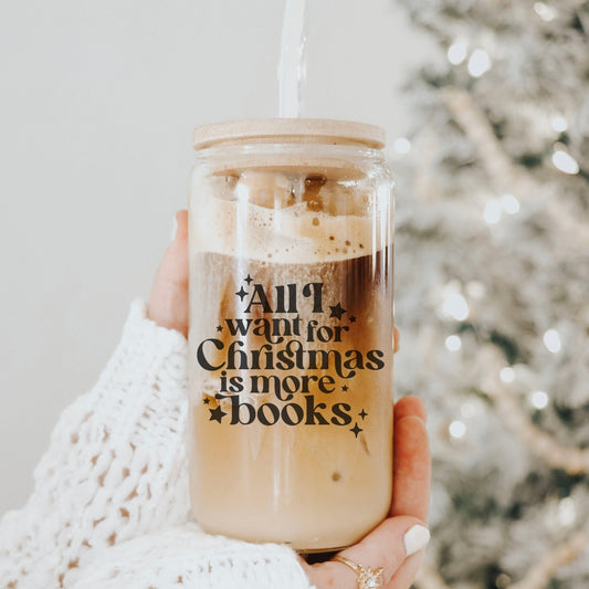 All I Want For Christmas Is More Books Clear Glass Cup with Bamboo Lid & Straw - Starry Skies Austin