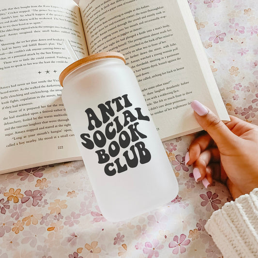 Anti-Social Book Club Frosted Glass Cup with Bamboo Lid & Straw - Starry Skies Austin