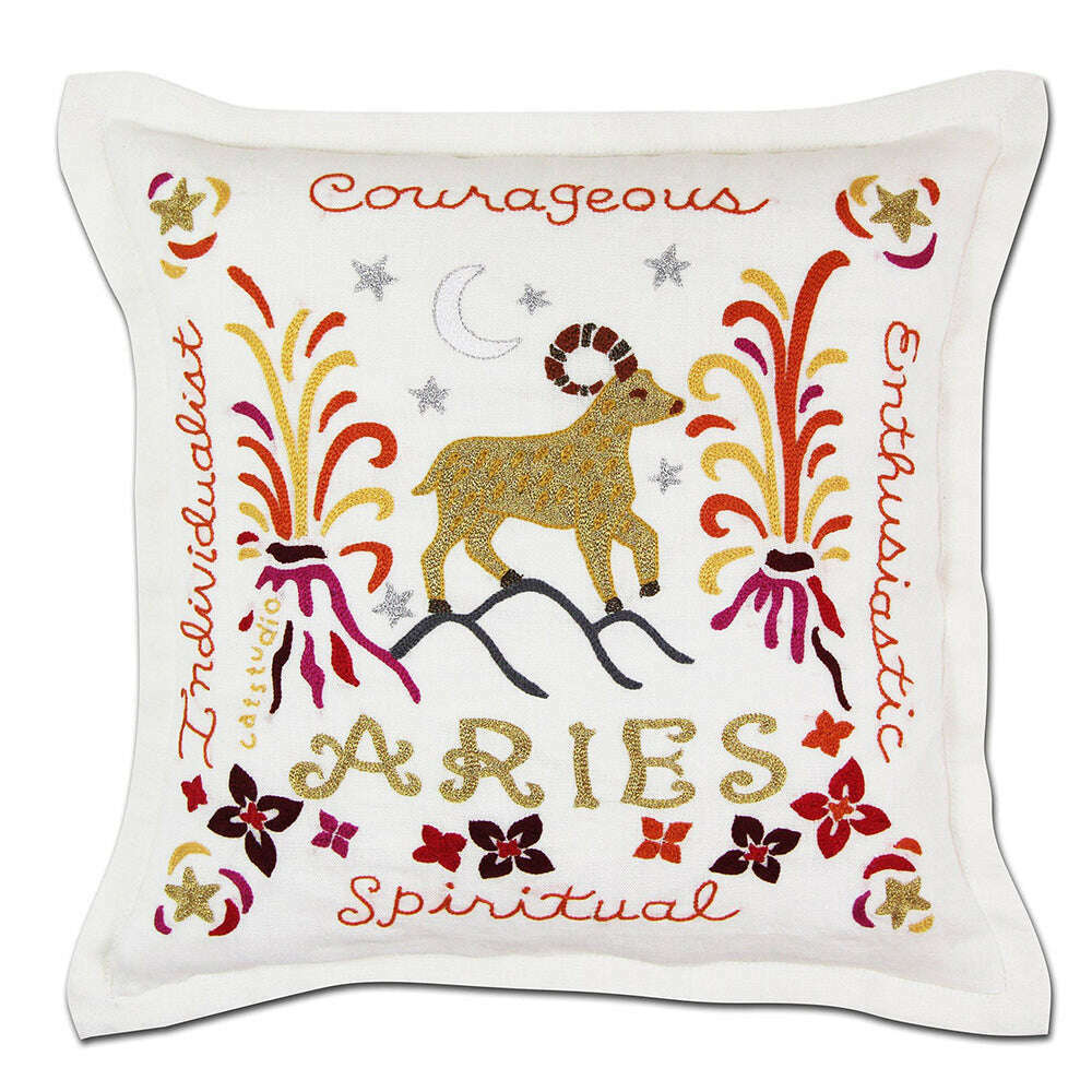 Aries Astrology Hand-Embroidered Pillow by Cat Studio - Starry Skies Austin
