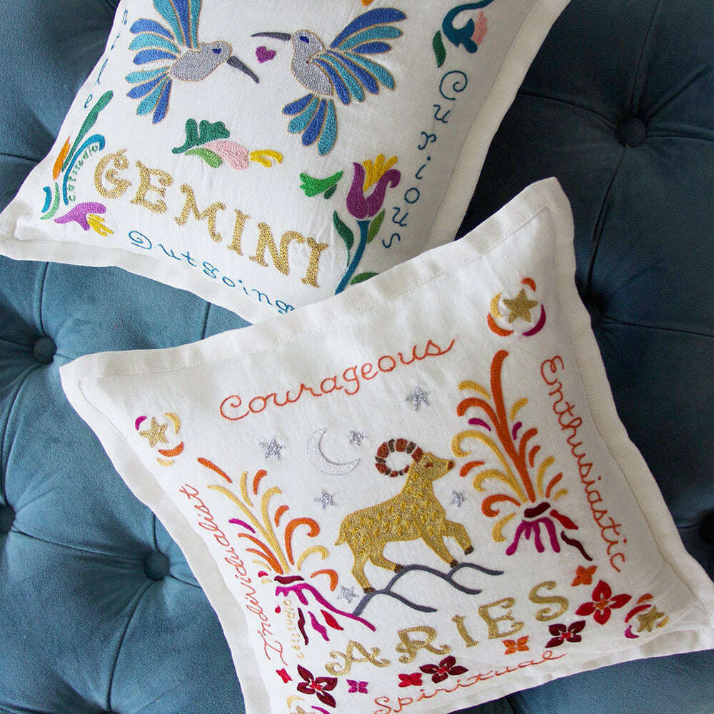 Aries Astrology Hand-Embroidered Pillow by Cat Studio - Starry Skies Austin