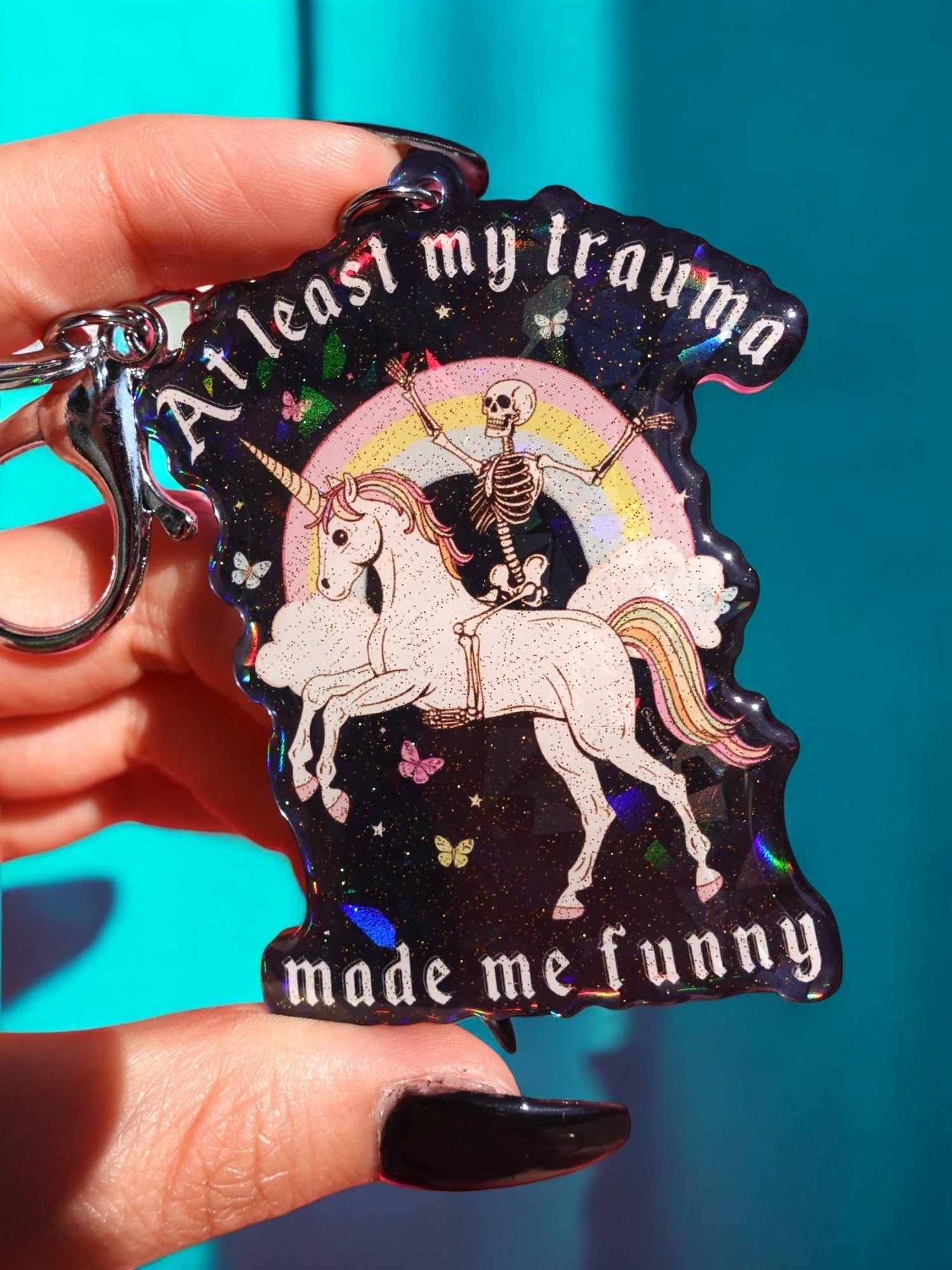 At Least My Trauma Made Me Funny Holographic Keychain - Starry Skies Austin