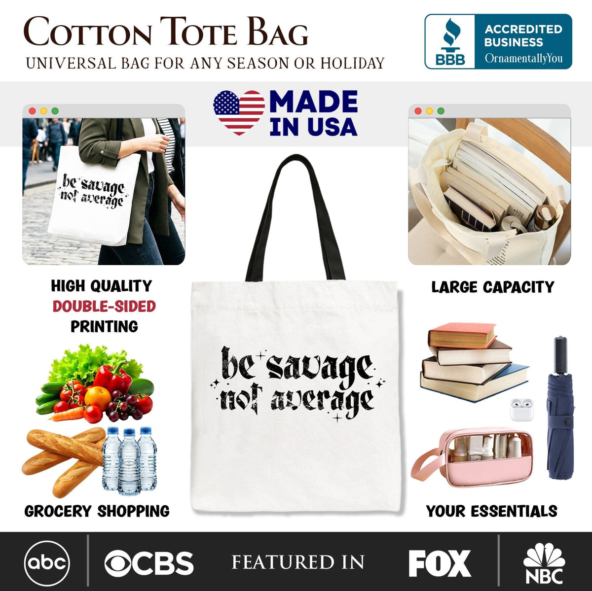 Be Savage Not Average Tote Bag, Grunge Snarky Self Love Gift Shopper - Starry Skies Austin