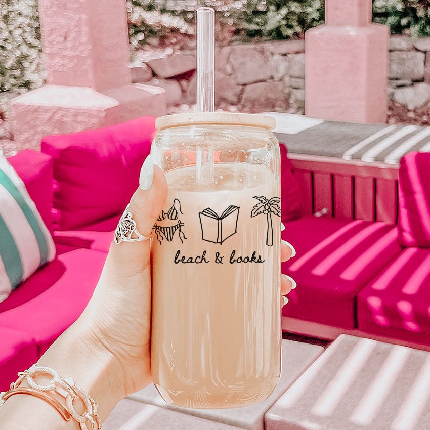 Beach & Books Clear Glass Cup with Bamboo Lid & Straw - Starry Skies Austin