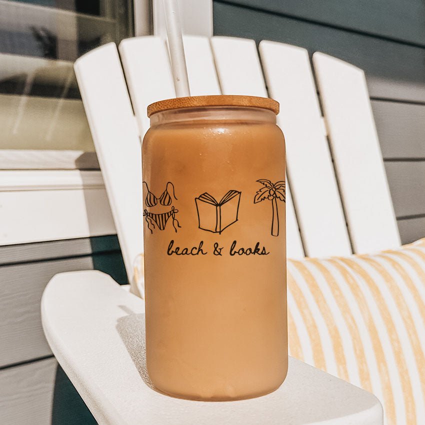 Beach & Books Frosted Glass Cup with Bamboo Lid & Straw - Starry Skies Austin
