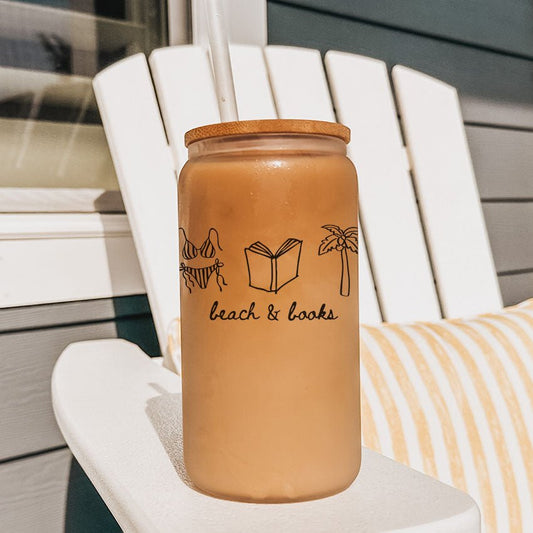 Beach & Books Frosted Glass Cup with Bamboo Lid & Straw - Starry Skies Austin