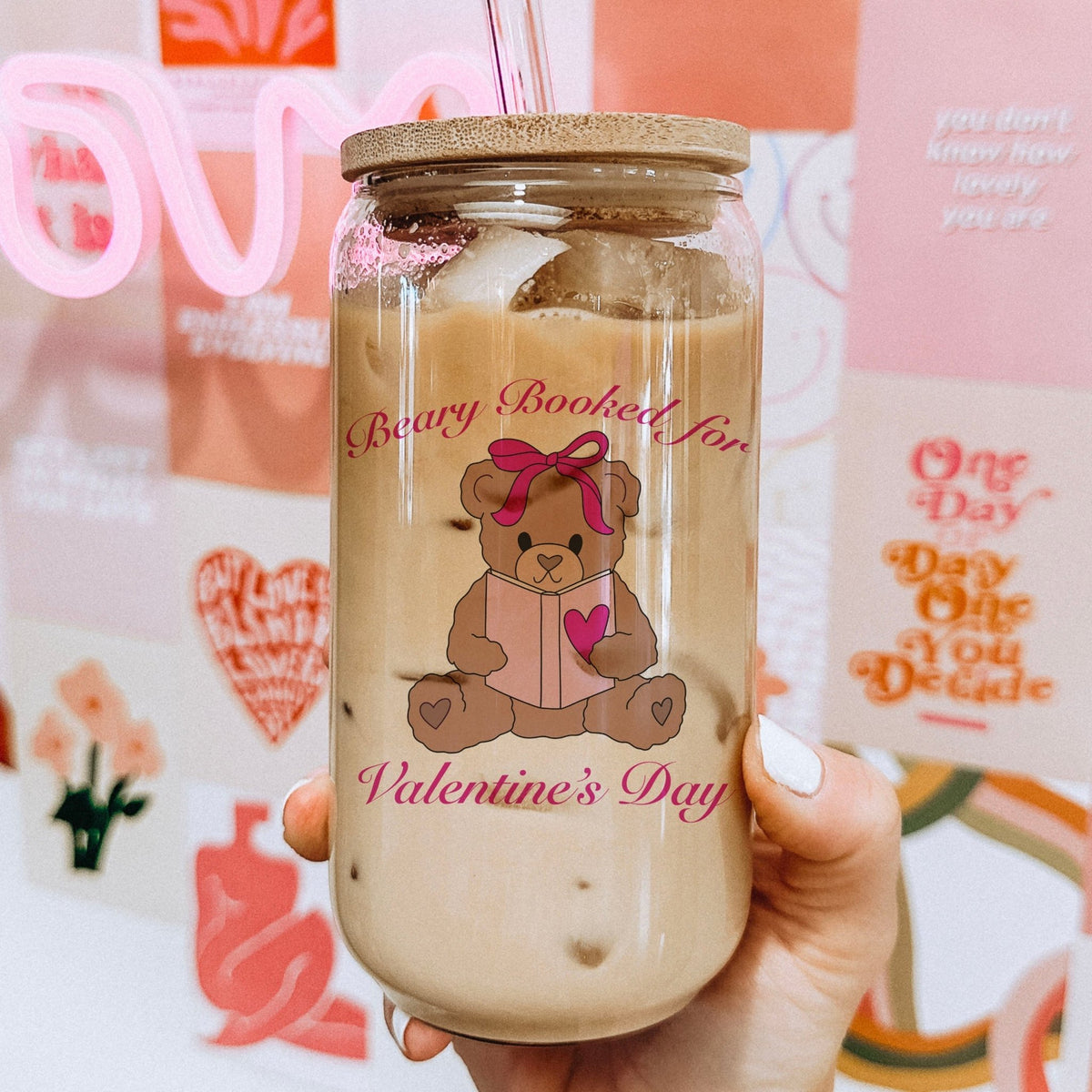 Beary Booked for Valentine’s Day Clear Glass Cup with Bamboo Lid & Plastic Straw - Starry Skies Austin