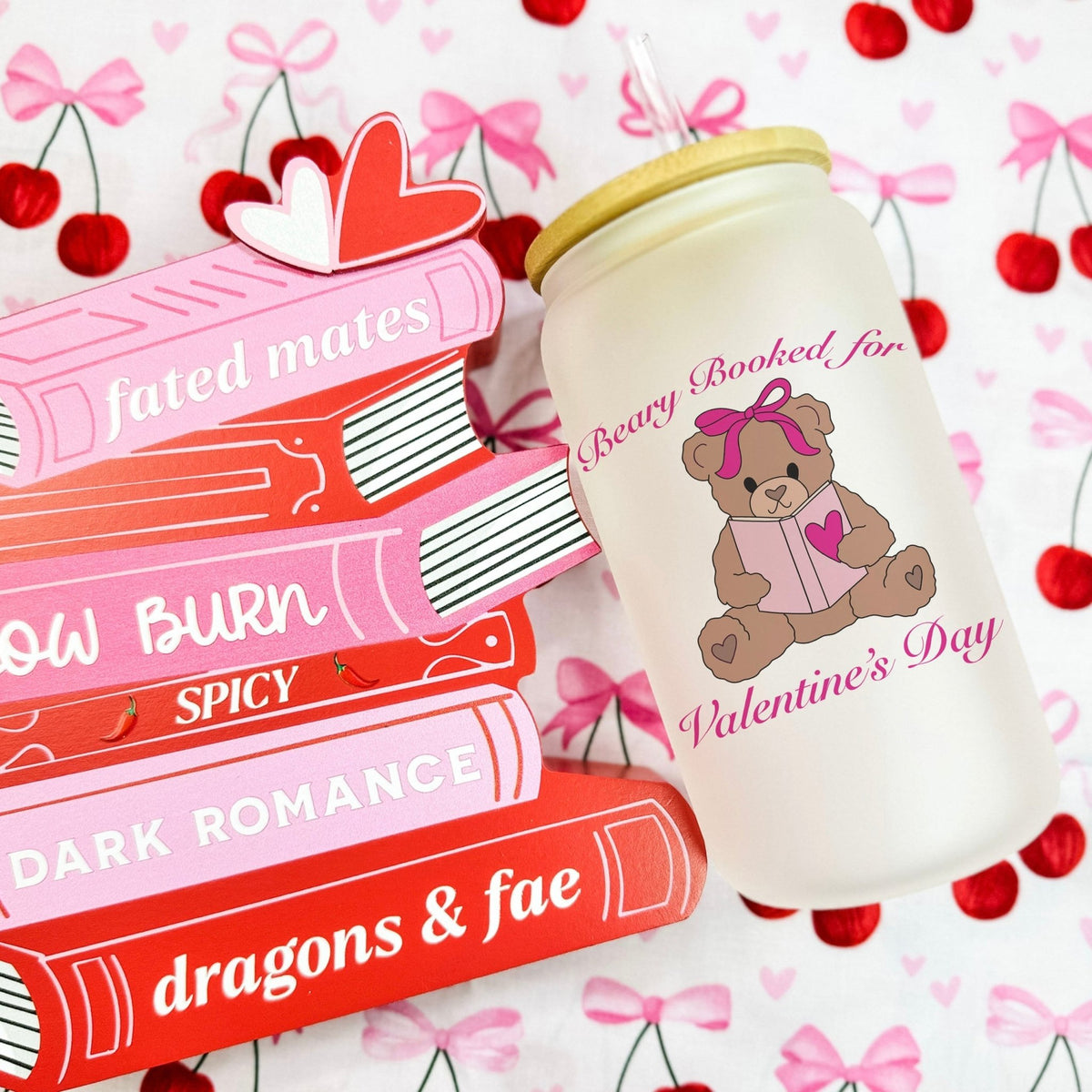Beary Booked for Valentine’s Day Frosted Glass Cup with Bamboo Lid & Plastic Straw - Starry Skies Austin