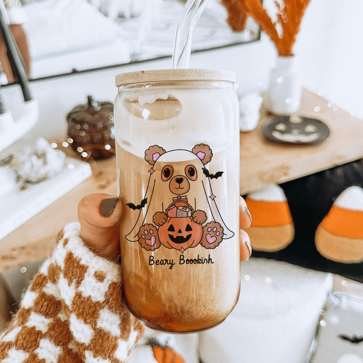 Beary Bookish Clear Glass Cup with Bamboo Lid & Straw - Starry Skies Austin