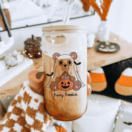 Beary Bookish Clear Glass Cup with Bamboo Lid & Straw - Starry Skies Austin