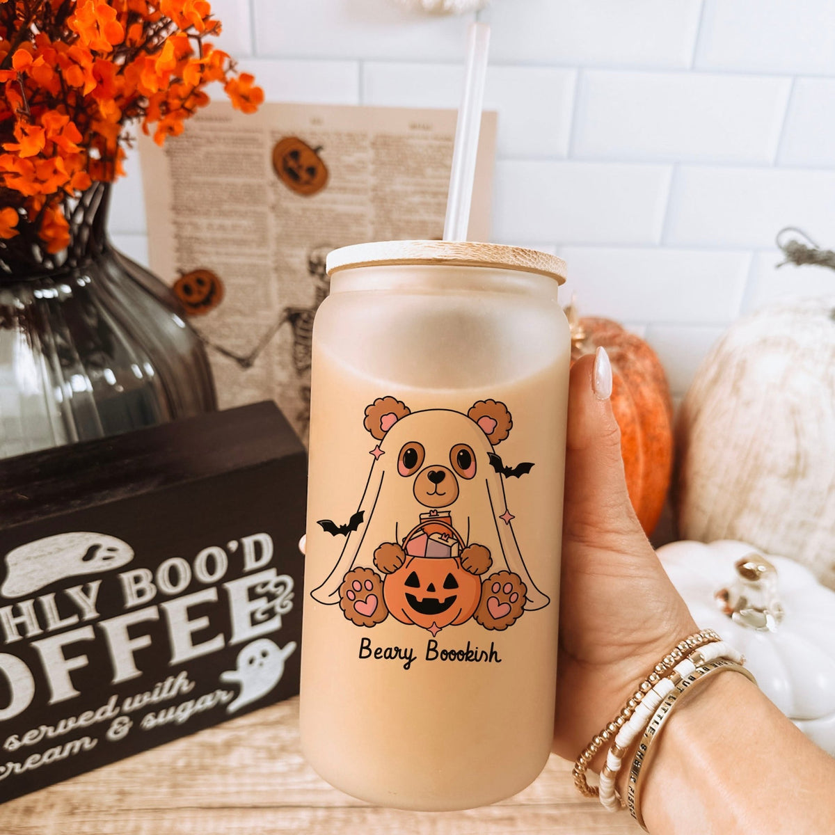Beary Bookish Frosted Glass Cup with Bamboo Lid & Straw - Starry Skies Austin