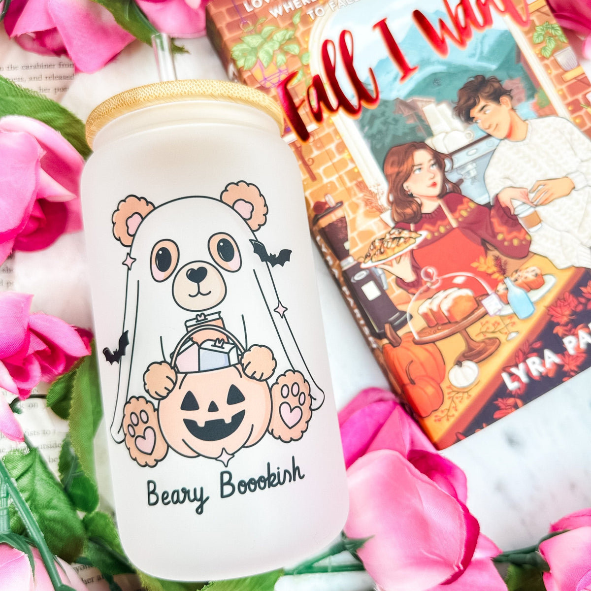 Beary Bookish Frosted Glass Cup with Bamboo Lid & Straw - Starry Skies Austin