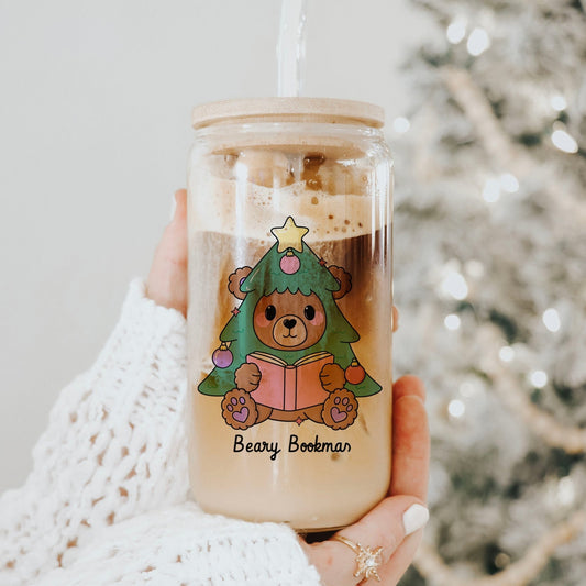 Beary Bookmas Clear Glass Cup with Bamboo Lid & Straw - Starry Skies Austin