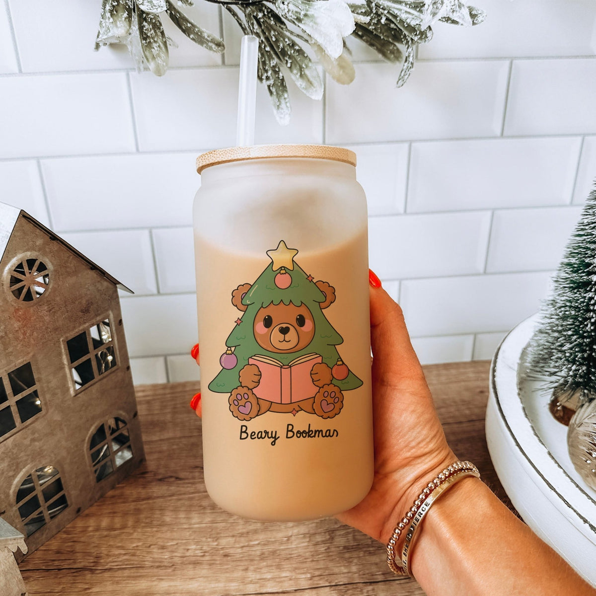 Beary Bookmas Frosted Glass Cup with Bamboo Lid & Straw - Starry Skies Austin