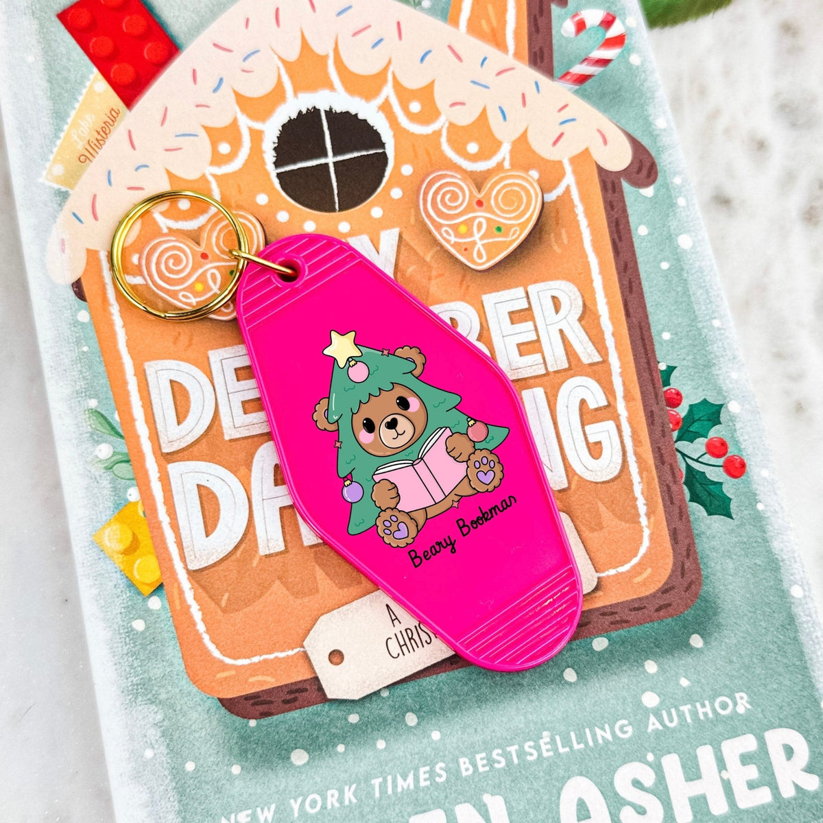 Beary Bookmas Motel Keychain - Starry Skies Austin