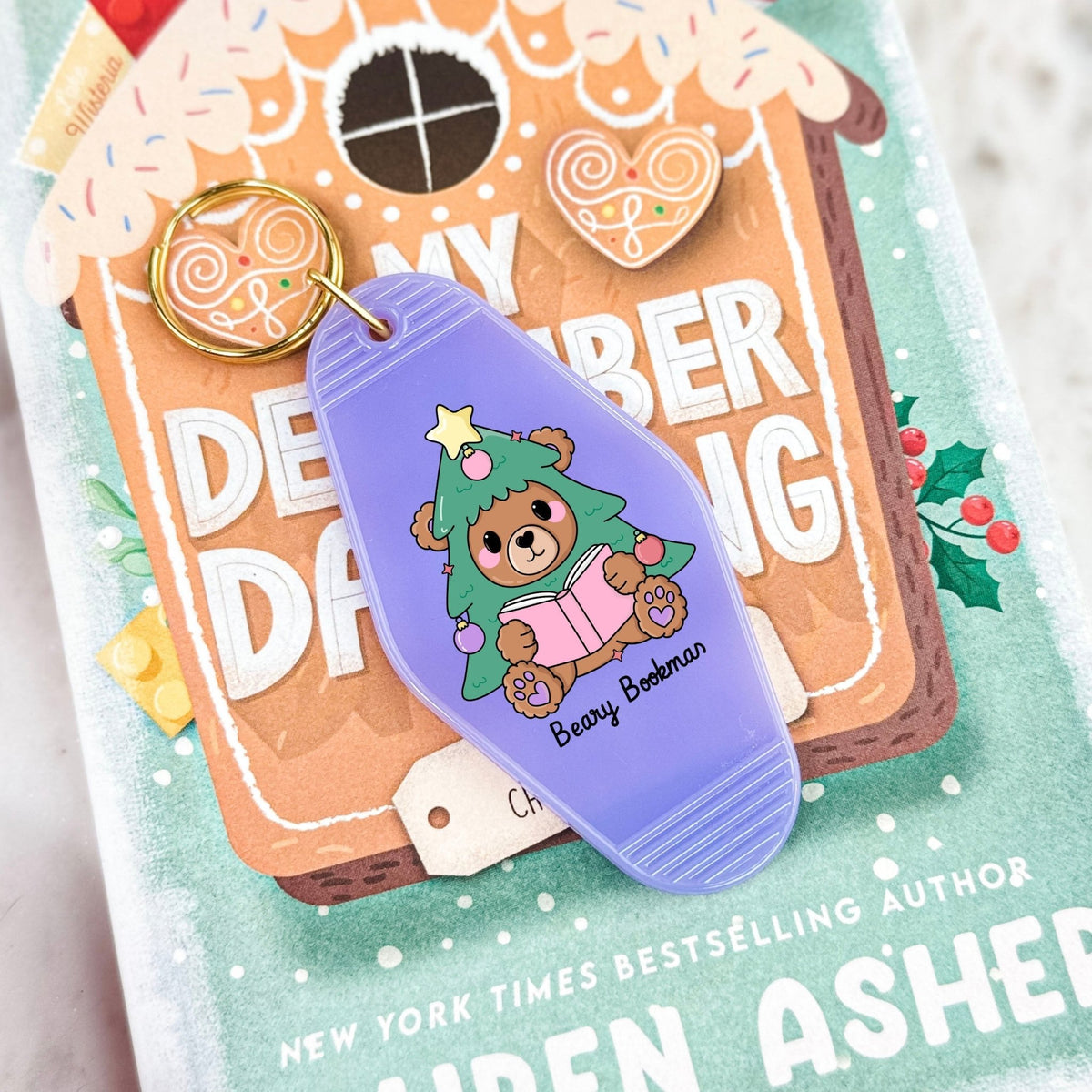 Beary Bookmas Motel Keychain - Starry Skies Austin