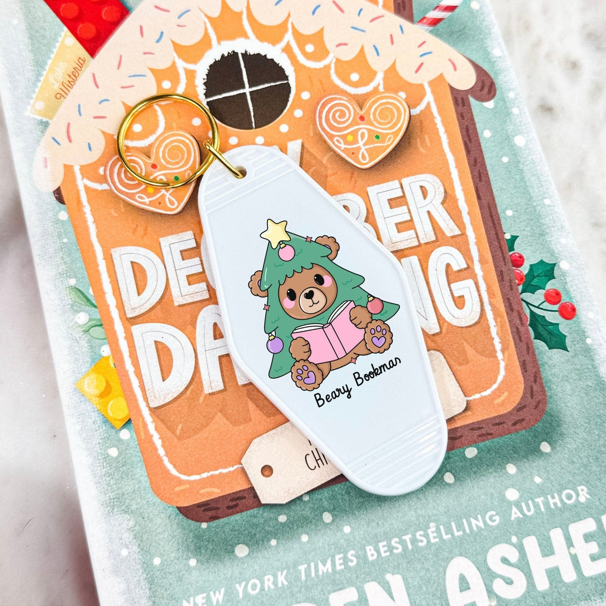 Beary Bookmas Motel Keychain - Starry Skies Austin
