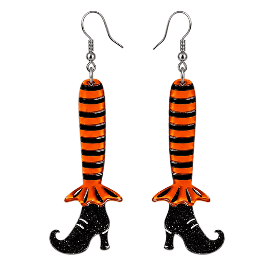 Bewitching Booties Orange Earrings by Lipstick & Chrome — Halloween Witch Boot Drop Earrings - Starry Skies Austin