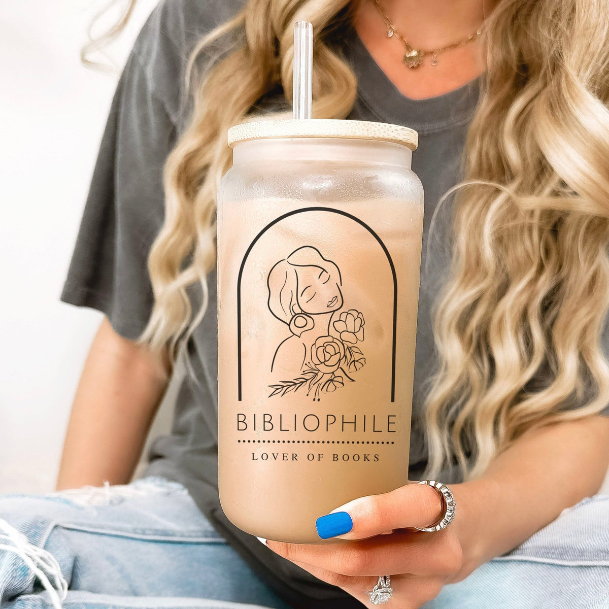 Bibliophile: Lover of Books Frosted Glass Cup with Bamboo Lid & Straw - Starry Skies Austin
