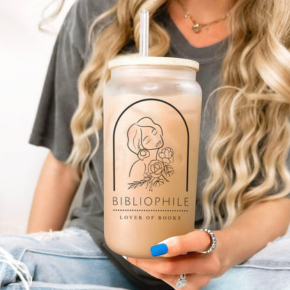 Bibliophile: Lover of Books Frosted Glass Cup with Bamboo Lid & Straw - Starry Skies Austin